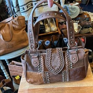 Brown Studded Leather Handbag
